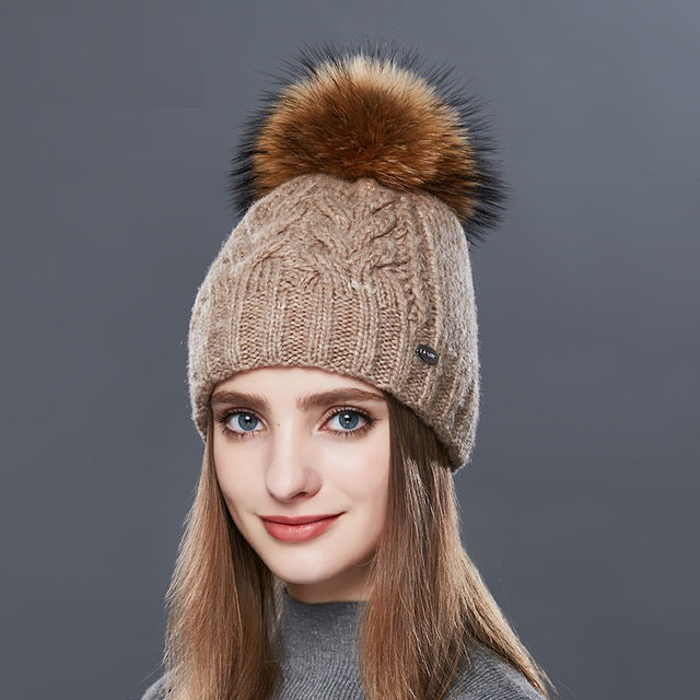 Thick Warm Double Layer Hats For Women With Fur Pompom Cashmere Beanies