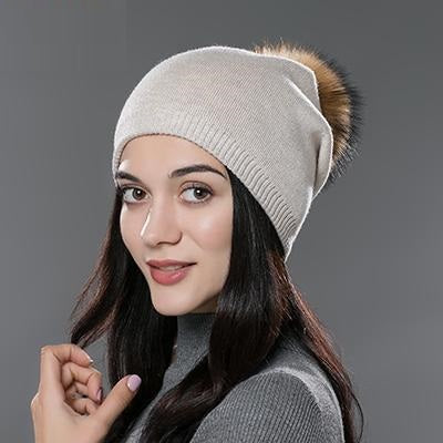 Beanies Unisex Hats Knitted Skullies Casual Cap With Real Raccoon Fox Fur Pompom