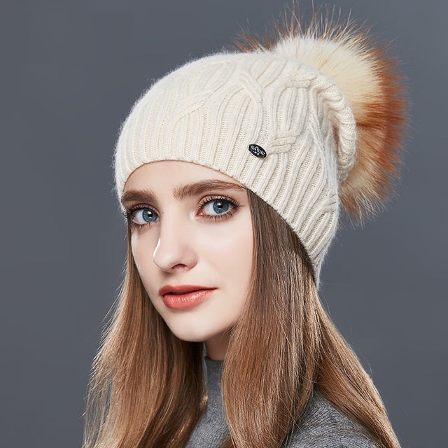 Cashmere Knitted Winter Hat For Women With Real Fur Pompom