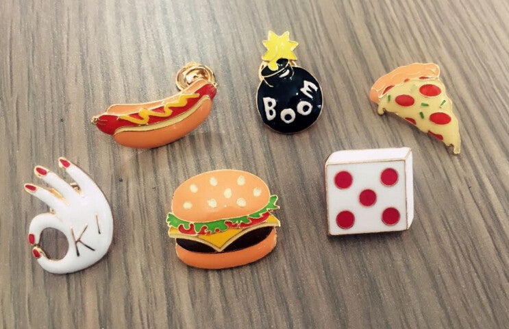 Cute Metal Pizza Hamburgers Hot Dogs Poached Eggs Dice Bombs Brooch Pins