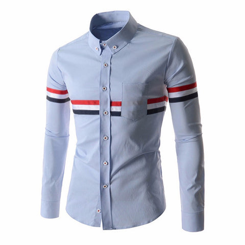 Red White Blue Patchwork Slim Fit Casual Shirts for Men