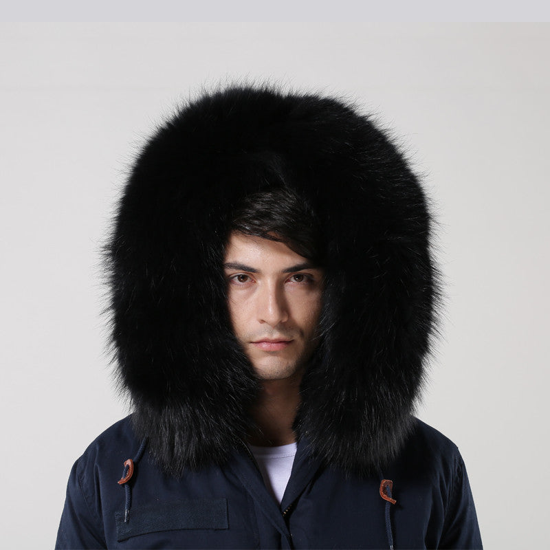 Navy Winter Fur Parka for Men Thickened Long Padded Jacket