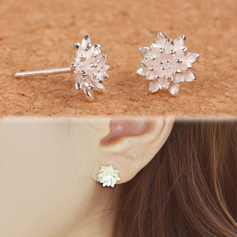 Handmade Jewelry Sliver Lotus Flower Earrings