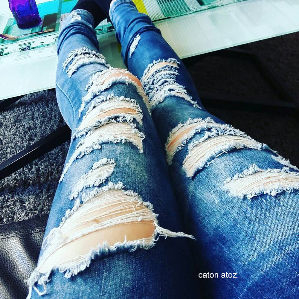 Cotton Stretch Ripped Skinny Denim For Women