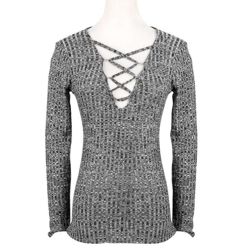 Charcoal Lace Up Knitted V-Neck Sweaters For Women