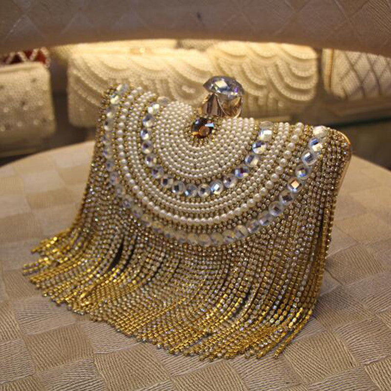Diamond Luxury Golden Clutch Beaded Tassel Evening Party Purse