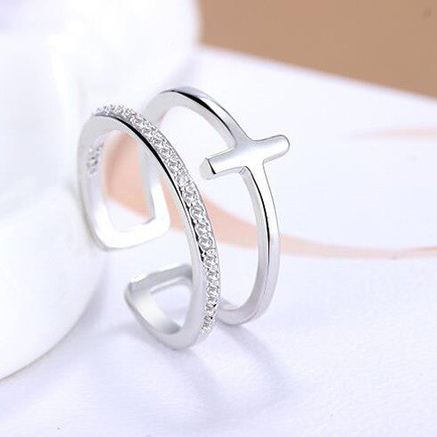 Formal Silver Rose Gold Hollow Double Layer Crystal T Ring wr-