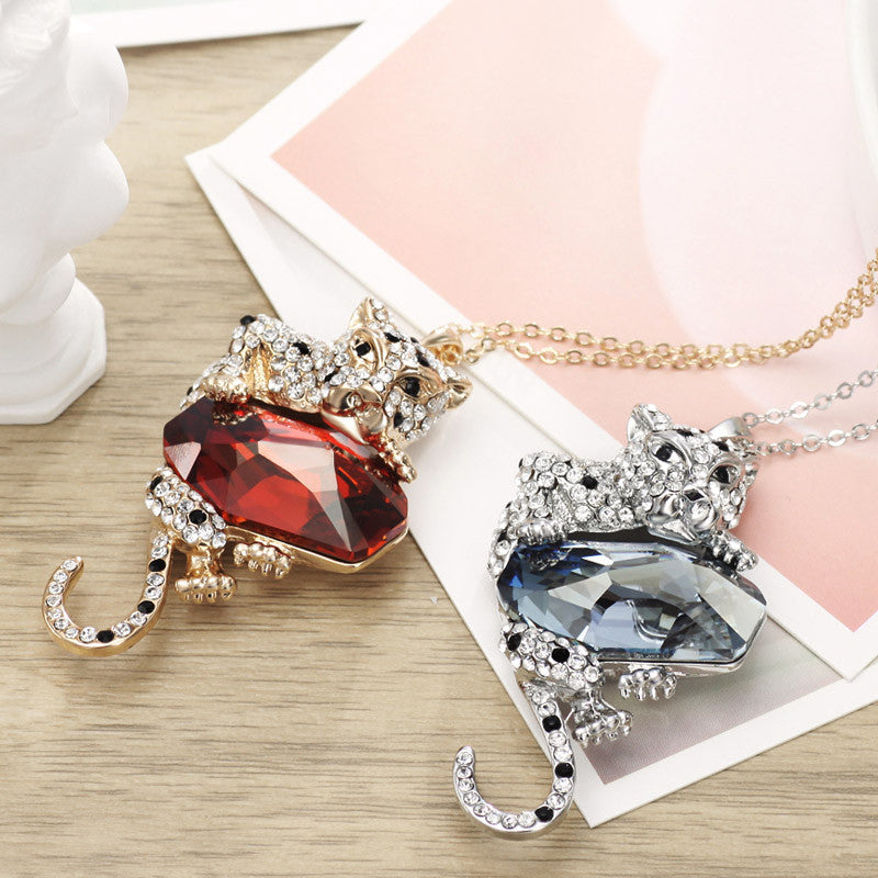 Austria Crystal & Czech Rhinestone Leopard Design Pendant Luxury Necklaces