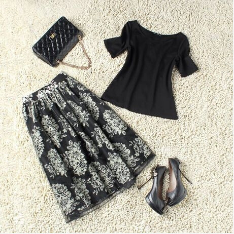 Flowers Print High Waist Bubble Skirt With Elastic Tops Two-Piece