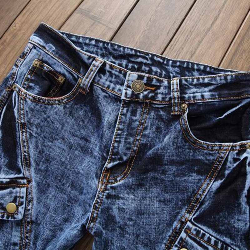 Biker Multi Pockets Slim Fit Pleated Denim Cargo Jeans for Men
