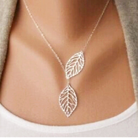 Gold And Sliver Two Leaf Pendants Chain Multi-Layer Necklace