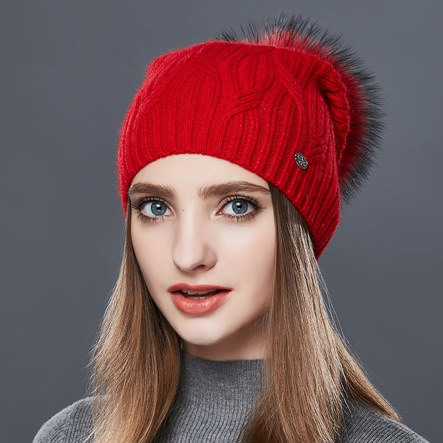 Cashmere Knitted Winter Hat For Women With Real Fur Pompom