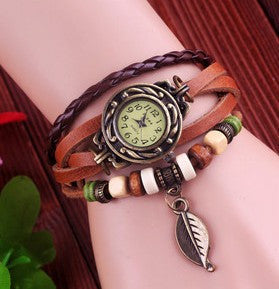 Leaf Tag Leather Wooden Bead Antique Watch ww-b