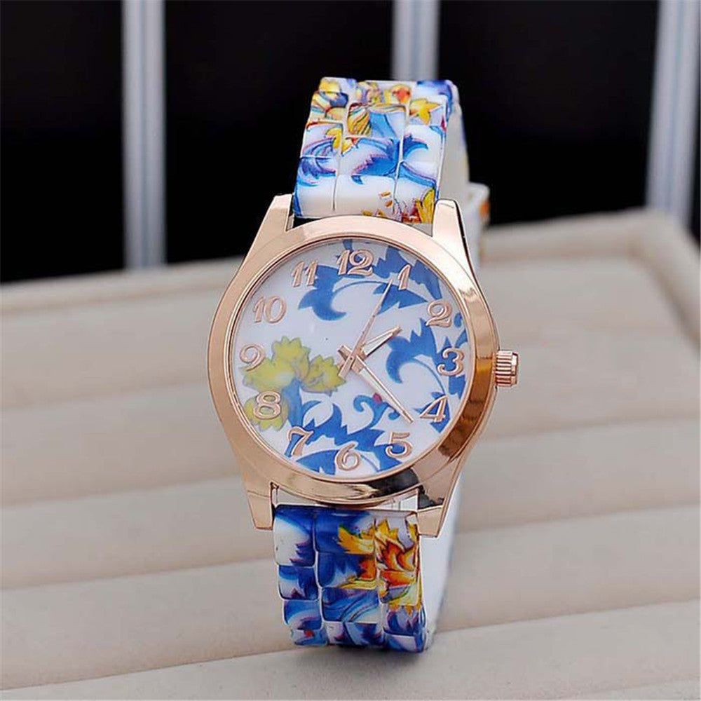 Rose Flower Print Jelly Silicone Quartz Watch ww-b