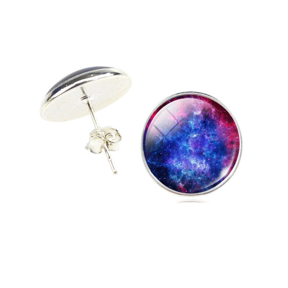 Galaxy Star Universe Glass Cabochon Silver Stud Earrings