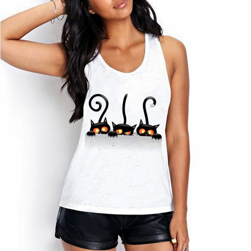 Cat Print White Tank Tops