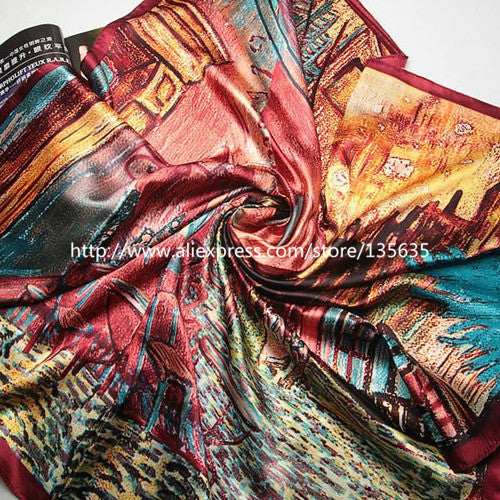 Vincent Van Oil Painting Coffee House Big Size Silk Scarves For Women