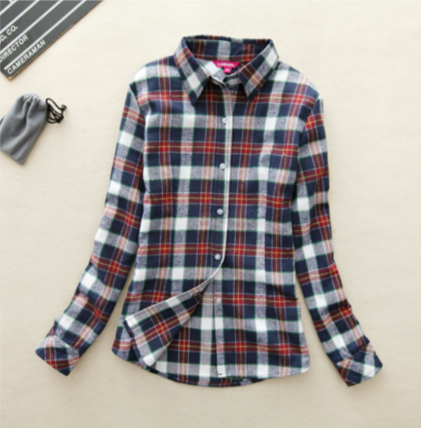 Ladies Casual Cotton Long-Sleeve Plaid Shirt Tops For Women