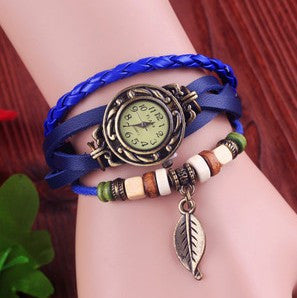 Leaf Tag Leather Wooden Bead Antique Watch ww-b