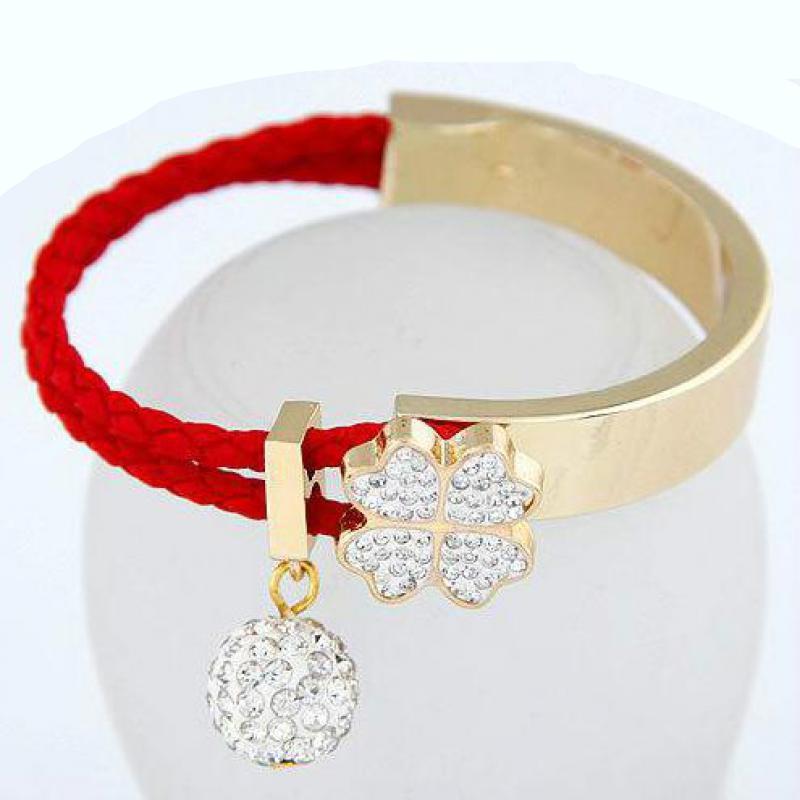 Clover Simulated Diamond Charm Bracelets Bangles Gold Plated Pu Leather Braided Bangle Jewelry