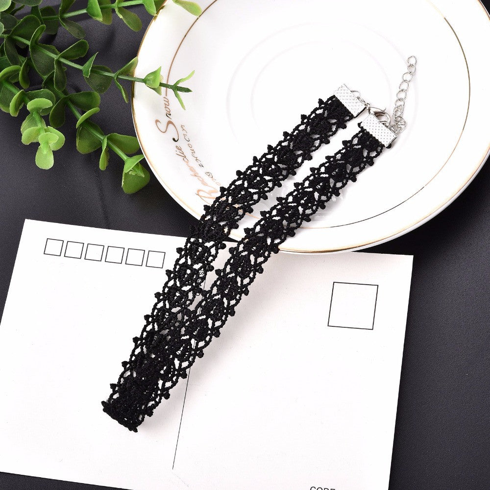 Vintage Black Laciness Polyster Choker Necklaces 3pcs