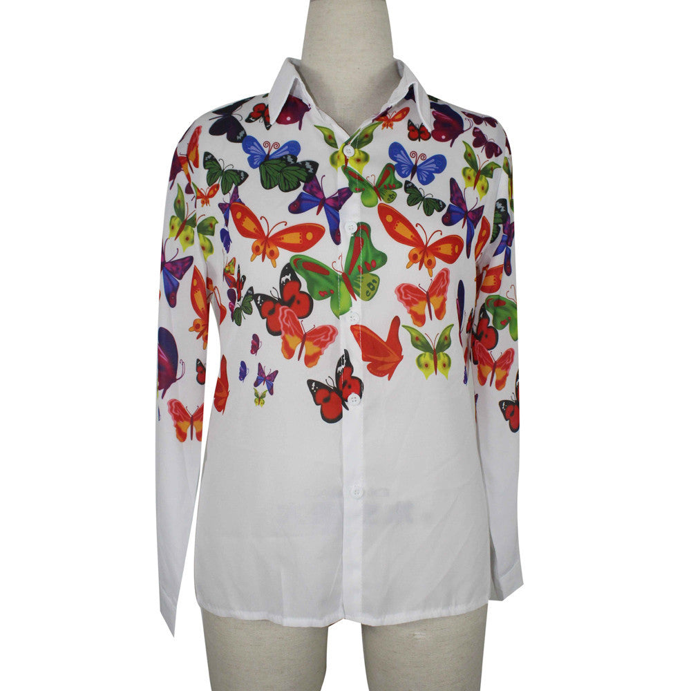 Butterfly Chiffon Blouse Tops Long Sleeve Casual Women Shirt