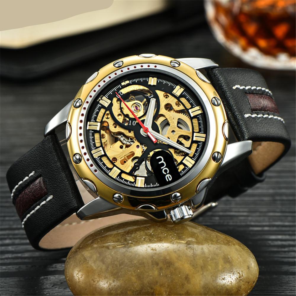 Luxury Mechanical Leather Band Skeleton Watch For Men wm-m