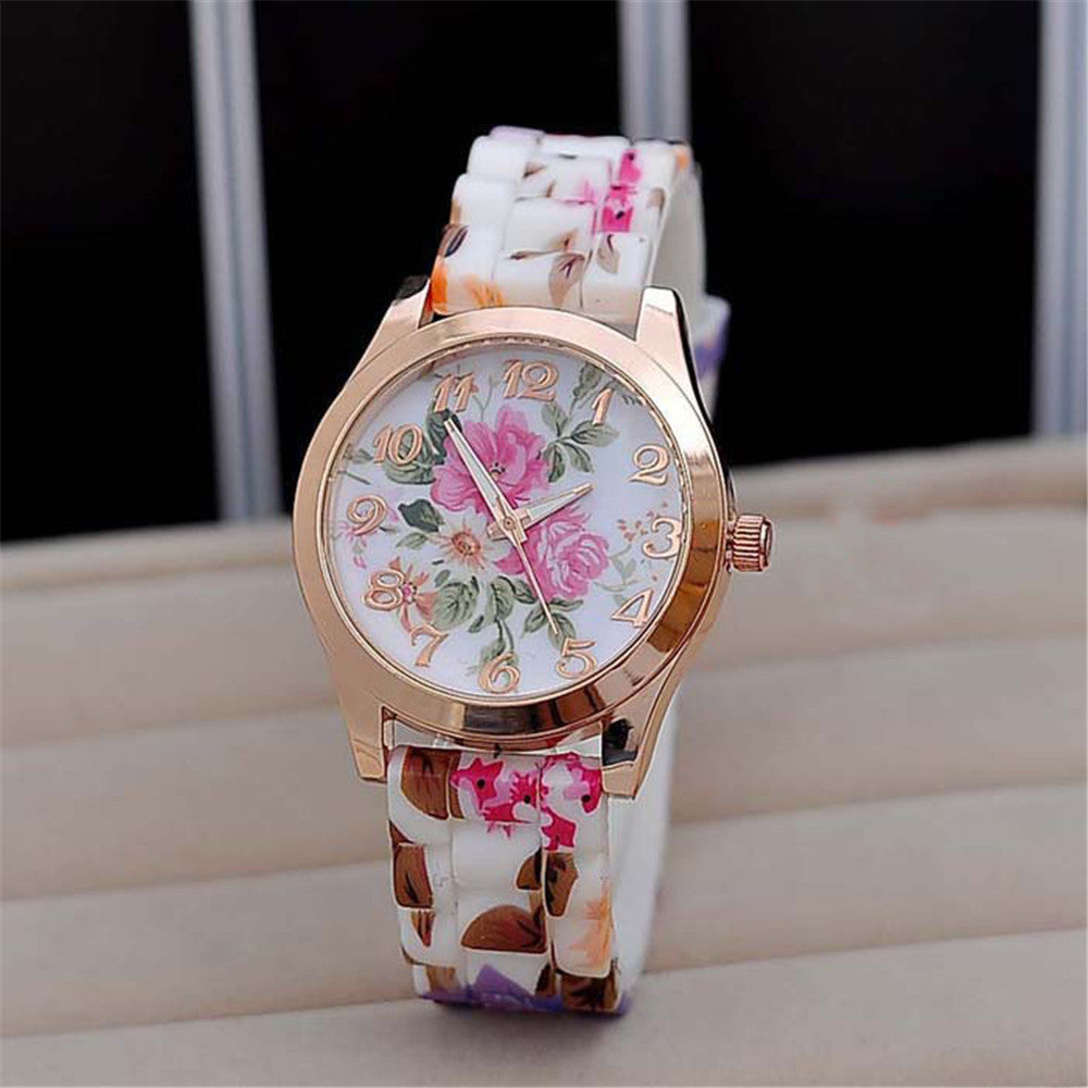 Rose Flower Print Jelly Silicone Quartz Watch ww-b