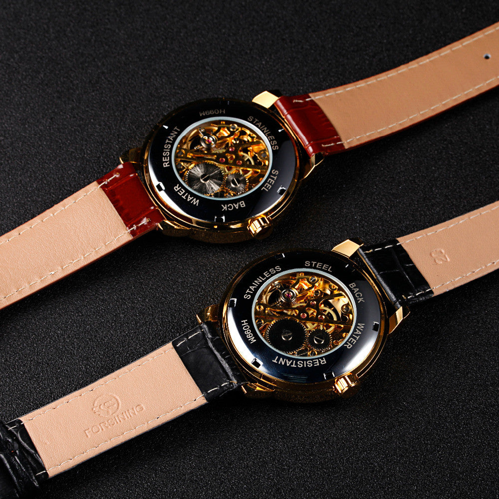 Golden Luxury Roman Display mechanical Leather Strap Male Watch wm-m