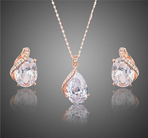 Rose Gold Plated Clear Waterdrop Earrings and Pendants Necklaces Jewelry Sets