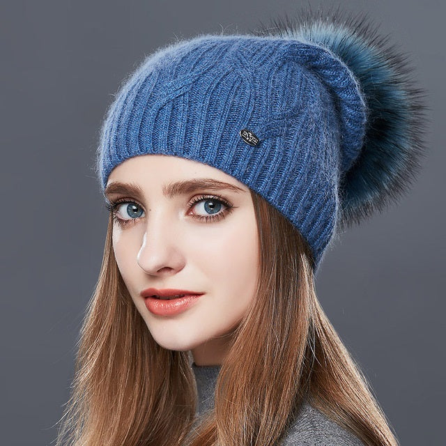 Cashmere Knitted Winter Hat For Women With Real Fur Pompom