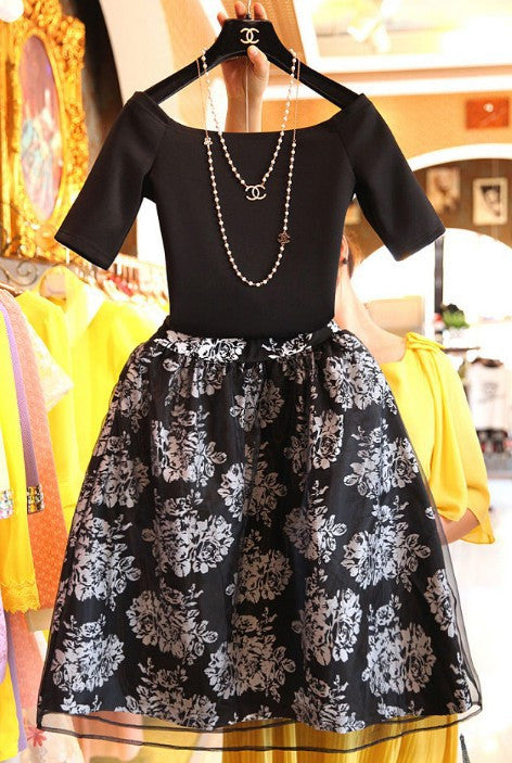 Flowers Print High Waist Bubble Skirt With Elastic Tops Two-Piece