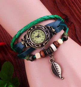 Leaf Tag Leather Wooden Bead Antique Watch ww-b