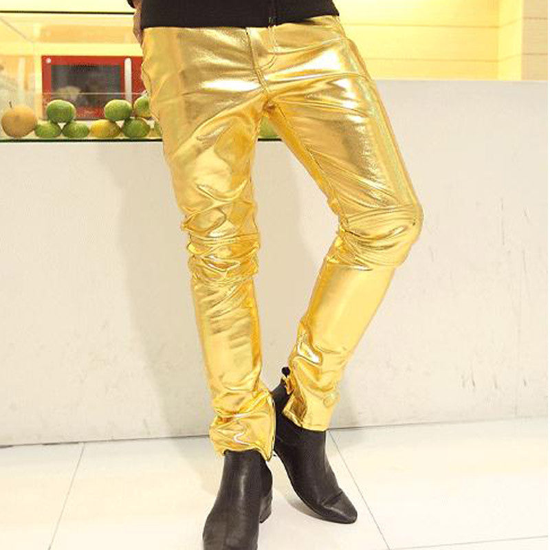 Dance Club Stretch Black/Gold/Silver Slim Fit PU Casual Pants for Men