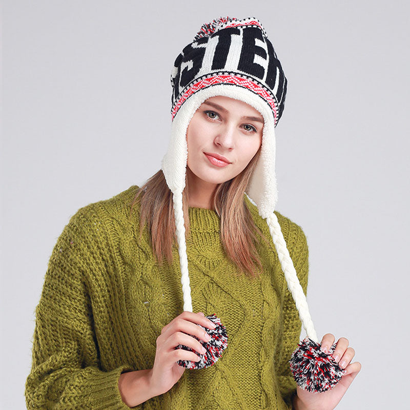 Ears Warm Beanie Hats For Women With Top Ball