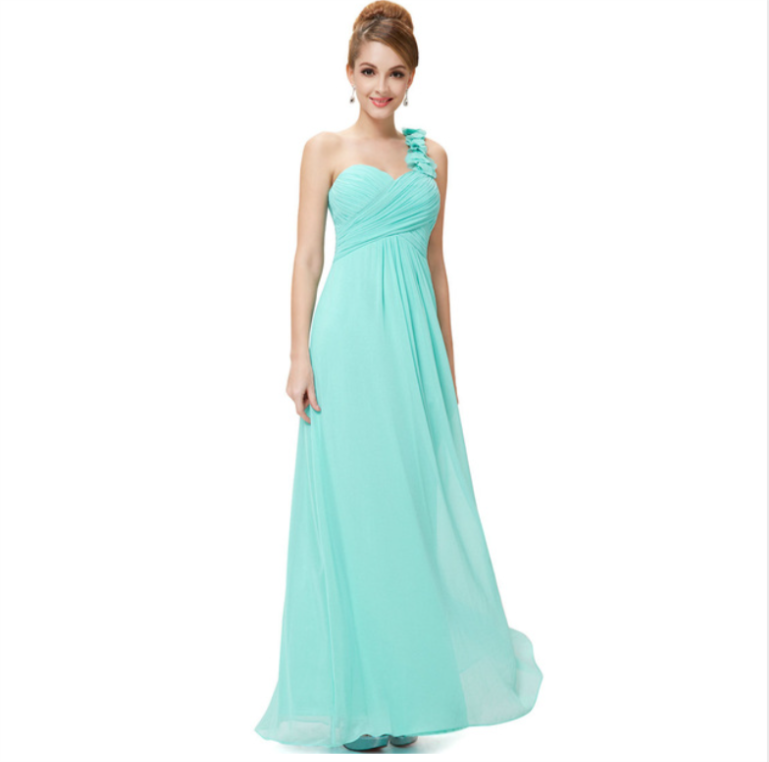 Flower One Shoulder Chiffon Padded Long Bridesmaid Evening Wedding Dresses