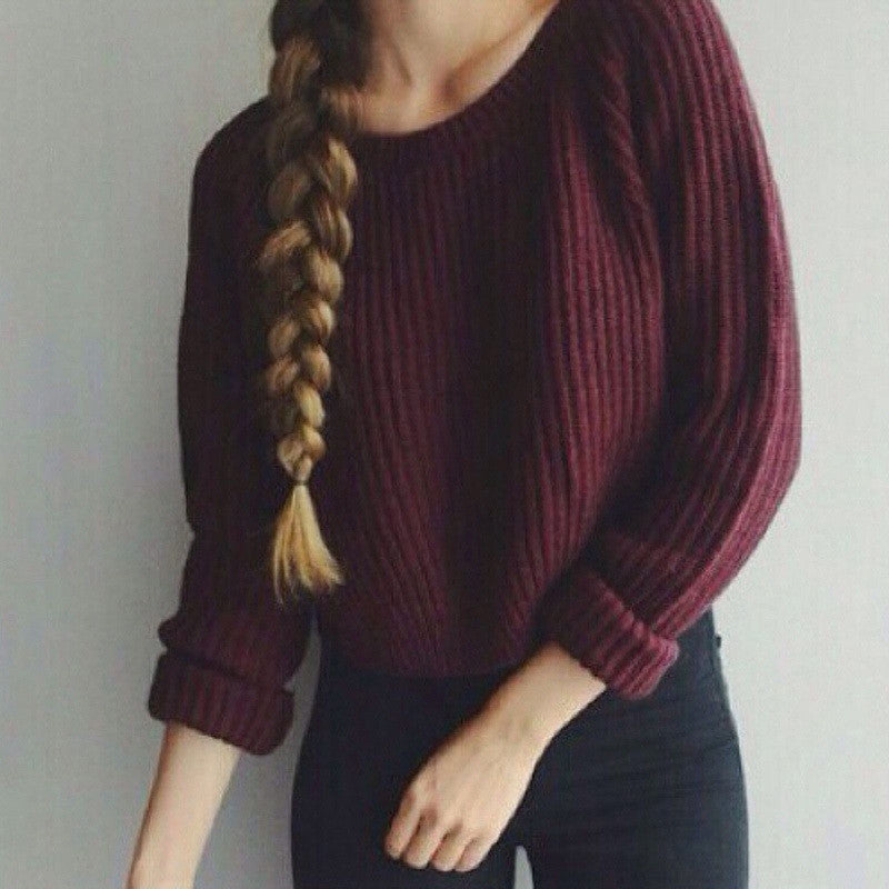 Long Sleeve Casual Crop Slim Solid Knitted Sweater For Women