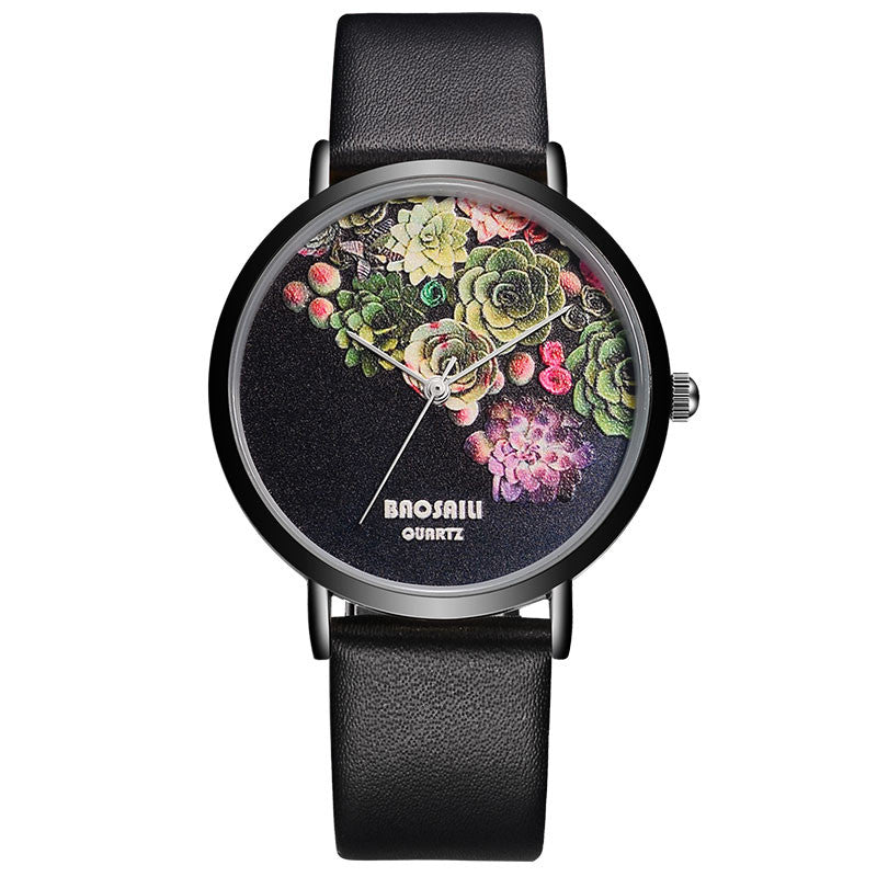 Floral Design Black Case Japan Movt Water Resistant Watch ww-b