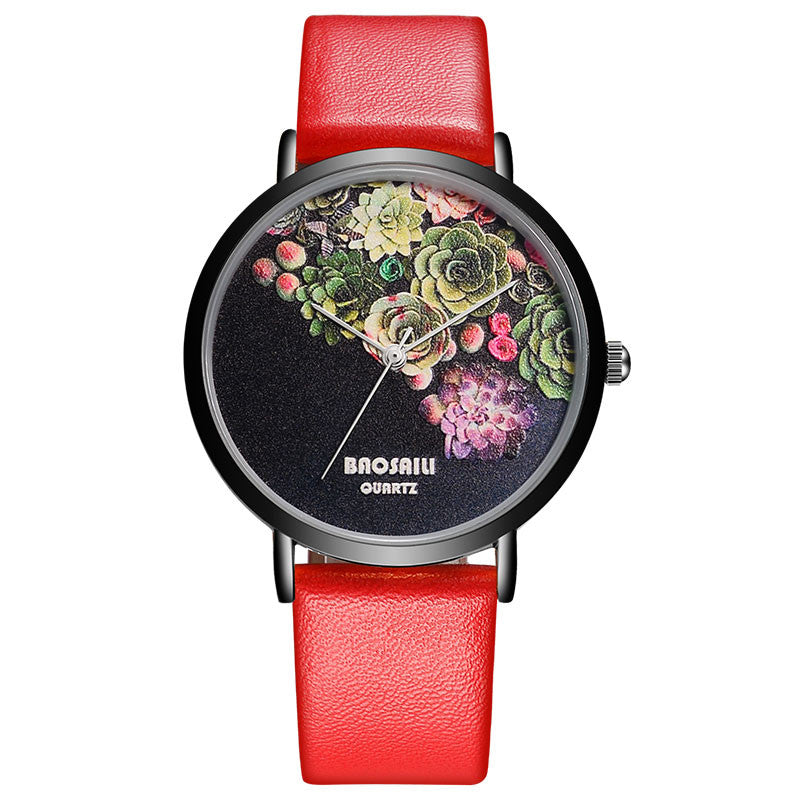 Floral Design Black Case Japan Movt Water Resistant Watch ww-b