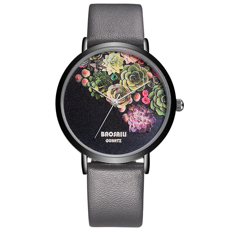 Floral Design Black Case Japan Movt Water Resistant Watch ww-b