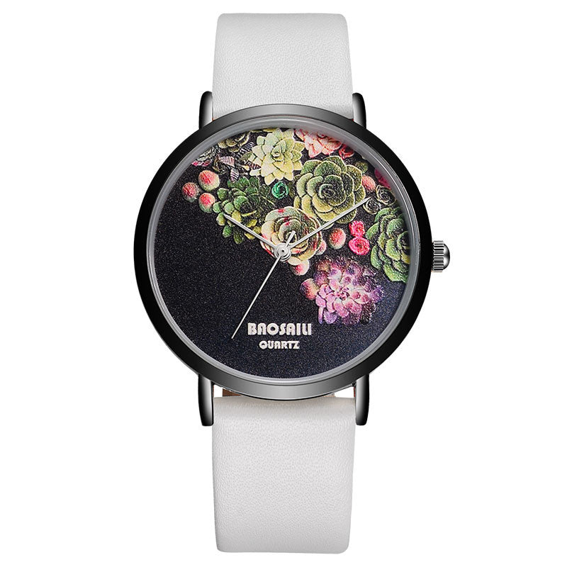 Floral Design Black Case Japan Movt Water Resistant Watch ww-b