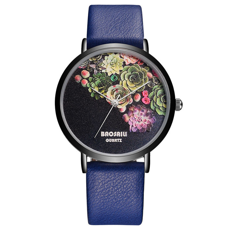 Floral Design Black Case Japan Movt Water Resistant Watch ww-b