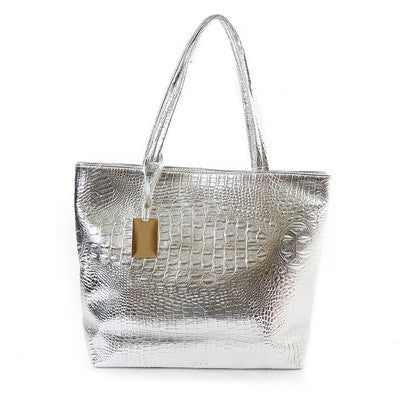 Brand Fashion Casual Silver Gold & Black Crocodile Design Tote Bag