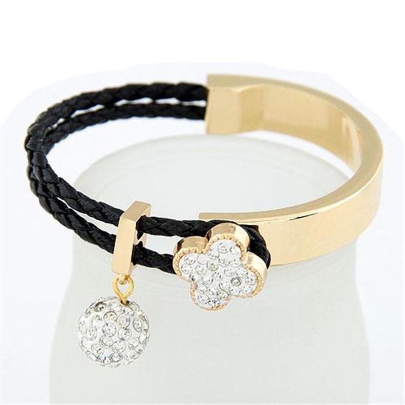 Clover Simulated Diamond Charm Bracelets Bangles Gold Plated Pu Leather Braided Bangle Jewelry