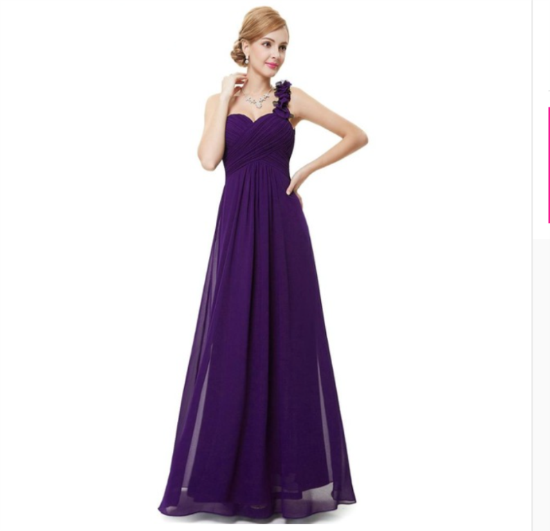 Flower One Shoulder Chiffon Padded Long Bridesmaid Evening Wedding Dresses