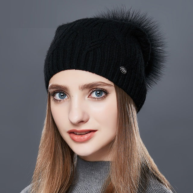 Cashmere Knitted Winter Hat For Women With Real Fur Pompom