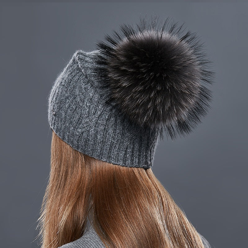 Cashmere Knitted Winter Hat For Women With Real Fur Pompom