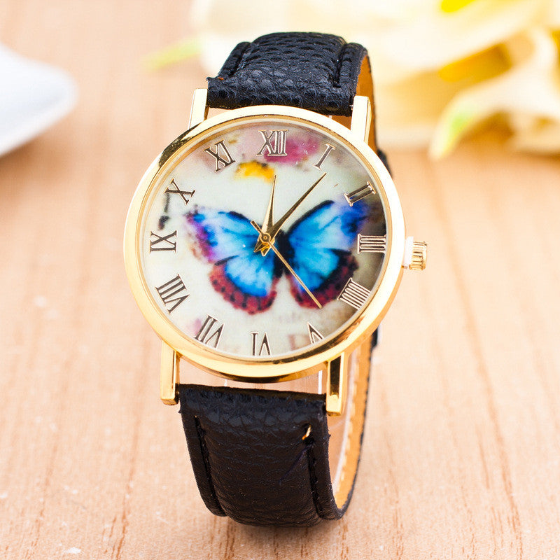 Butterfly Printed Leather Quartz Watches Women ww-d