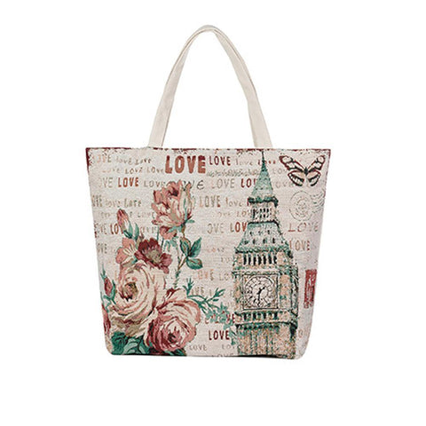 Canvas Tote Floral Tower Printed Handbag Summer Beach Bag / Handbag bws