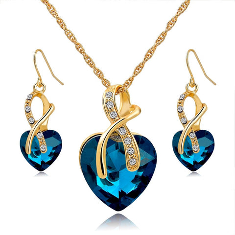 Gold Plated Jewelry Sets Crystal Heart Necklaces Earrings
